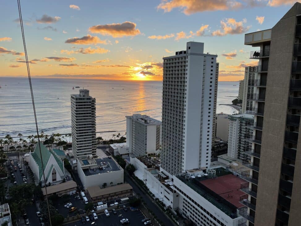 The sunset as viewed from our high-rise perch in Wakiki Beach.