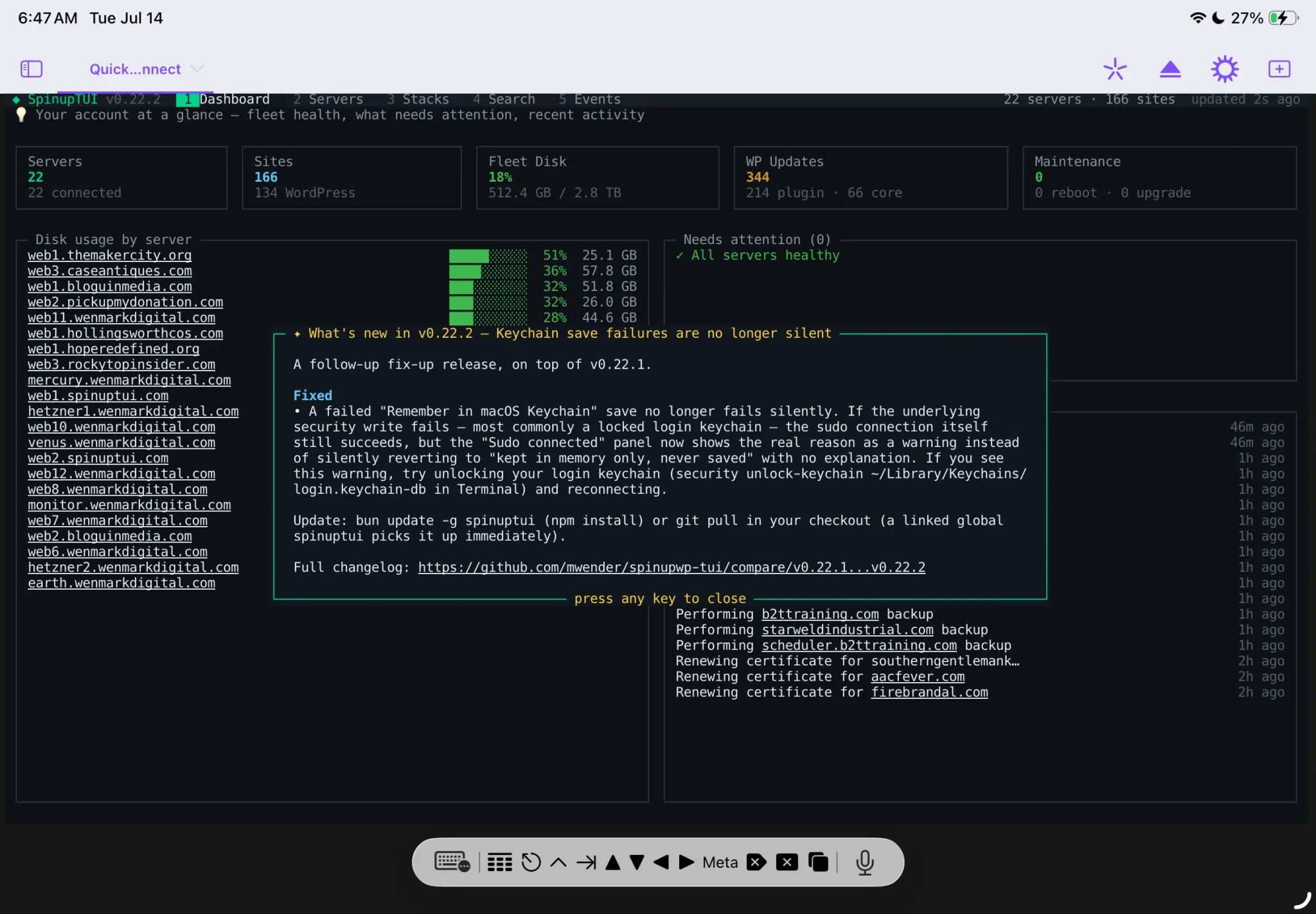 SpinupTUI is an application I built to manage my fleet of servers and websites that I host.